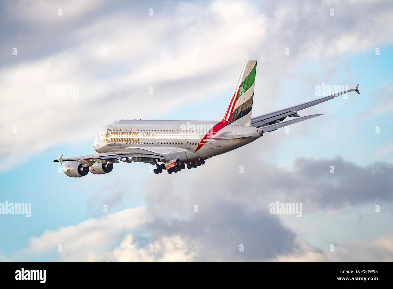 Emirates Airbus A380-861 A6-EER taking off from Manchester Airport to Dubai Stock Photo