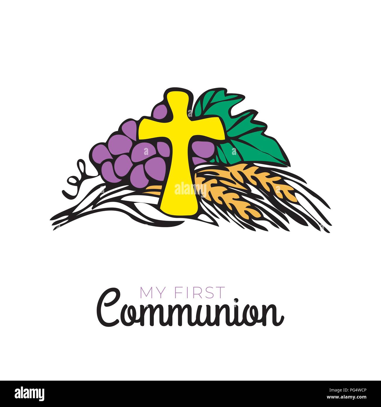 First communion symbols for a nice invitation design. Church and Christian Community Flat Illustration Stock Vector