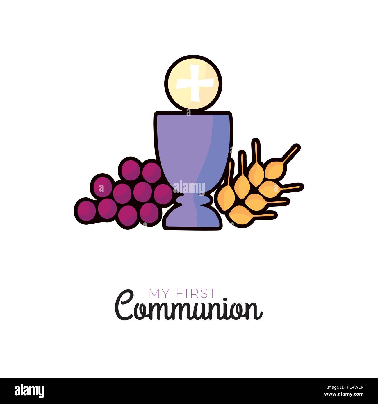 First communion symbols for a nice invitation design. Church and Christian Community Flat Illustration Stock Vector