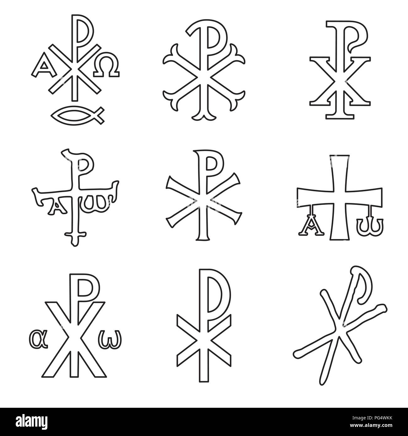 Christian symbols icons set. Glossy Chi Rho, Christogram, Chrismon, Labarum symbols set. Stock Vector