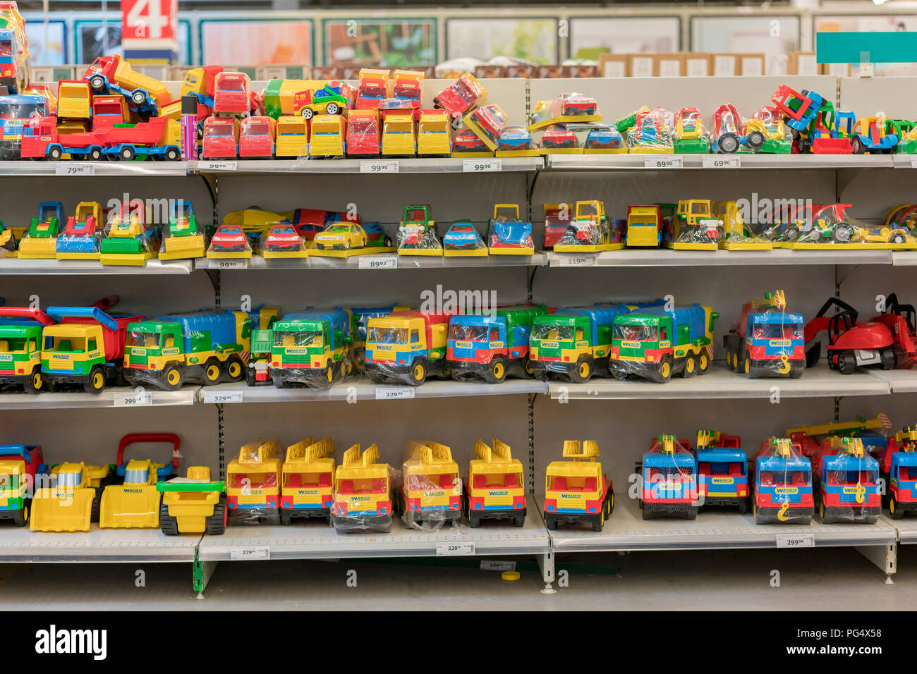 Kiev, Ukraine. July 22 2018 Children's toys on shelves in store of