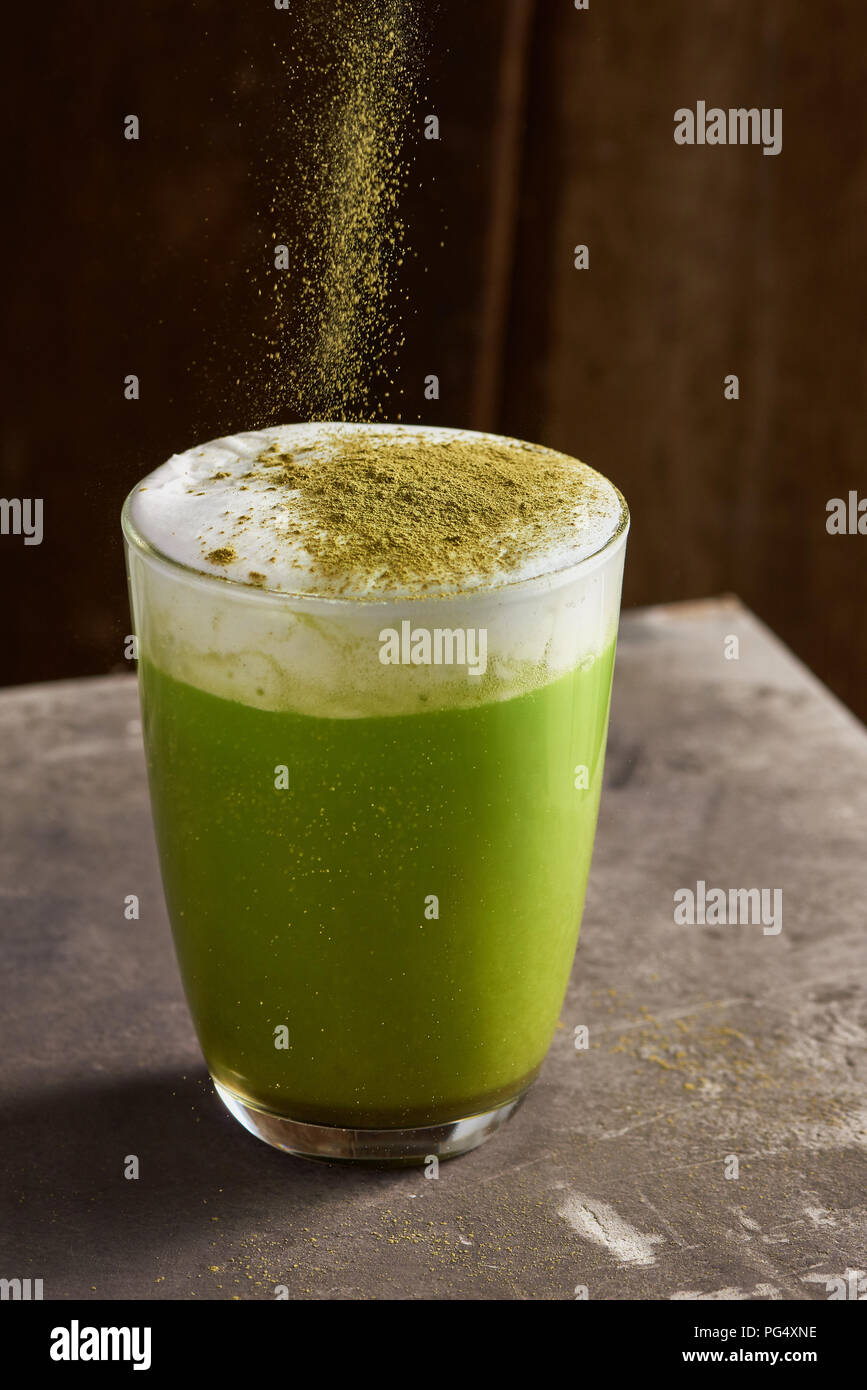 Matcha green tea latte in glass cup Stock Photo Alamy