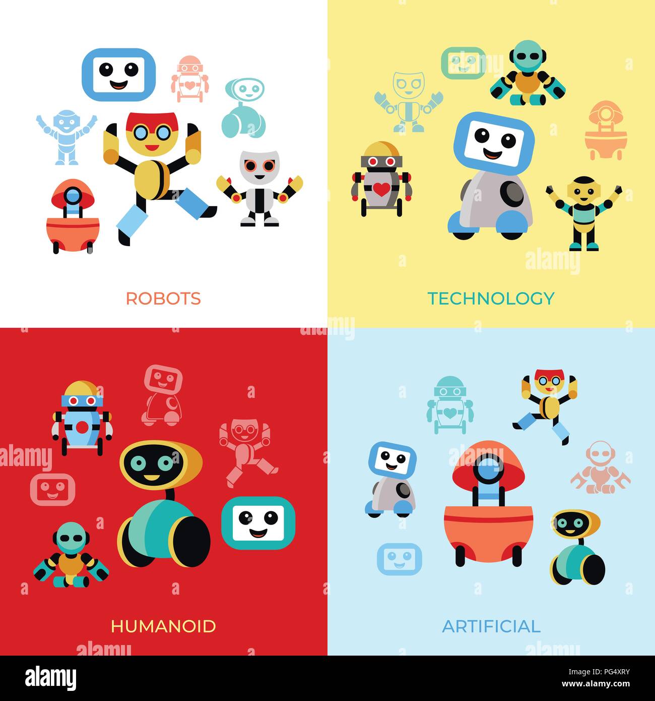 Digital vector companion robots icons set with drawn simple line art ...