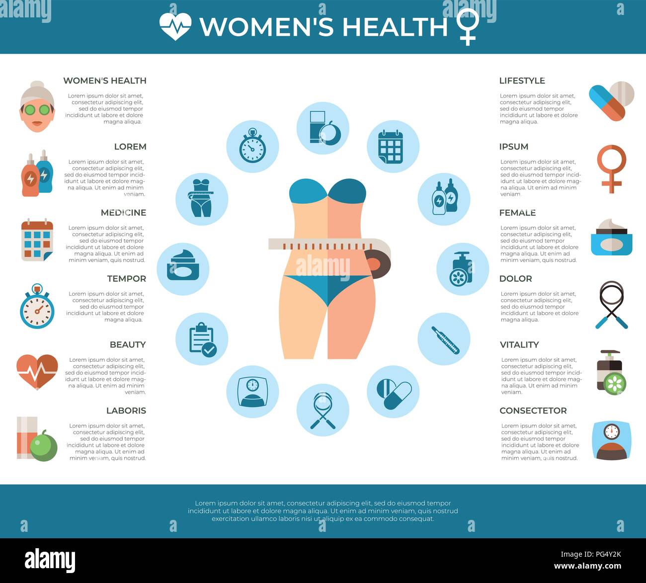 Digital vector woman health icons set with drawn simple line art info ...