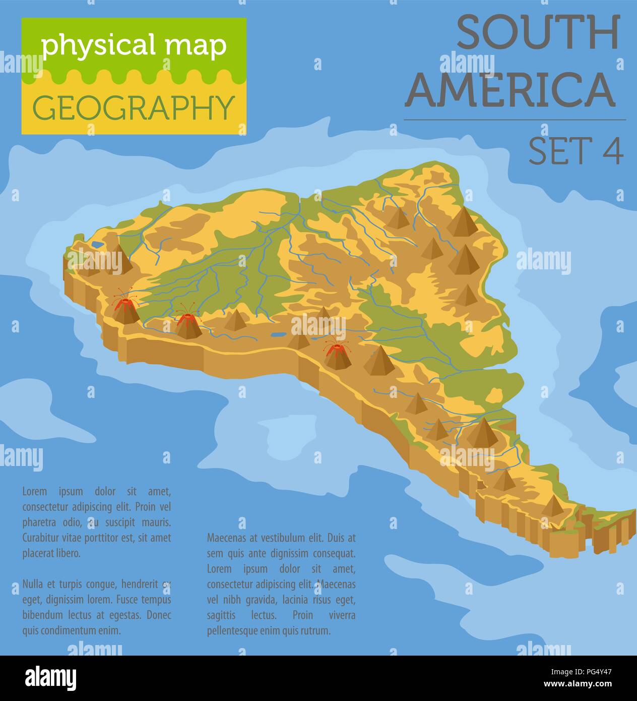 Isometric 3d South America physical map elements. Build your own