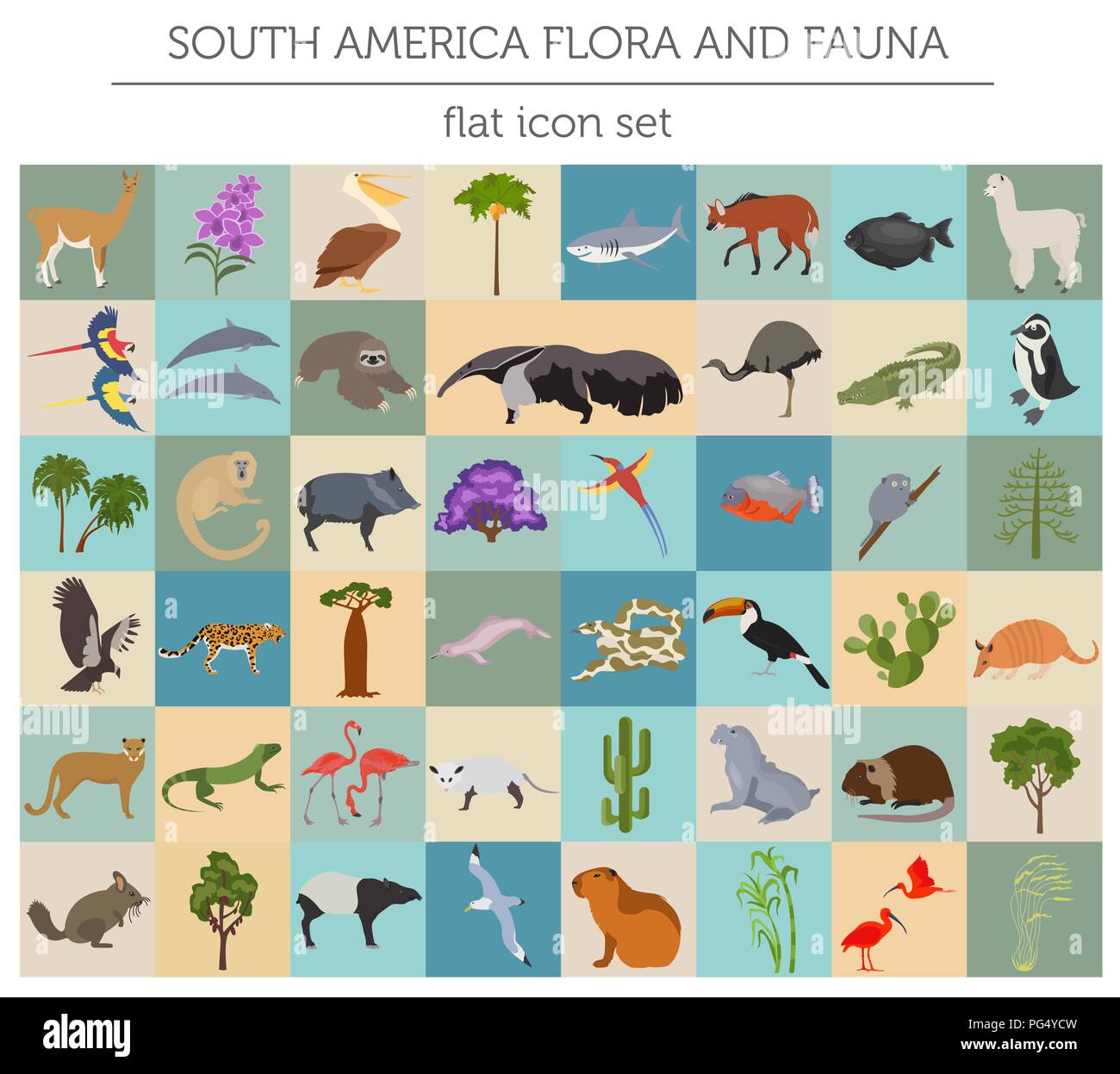 South America flora and fauna flat elements. Animals, birds and sea life big set. Build your geography infographics collection. Vector illustration Stock Vector