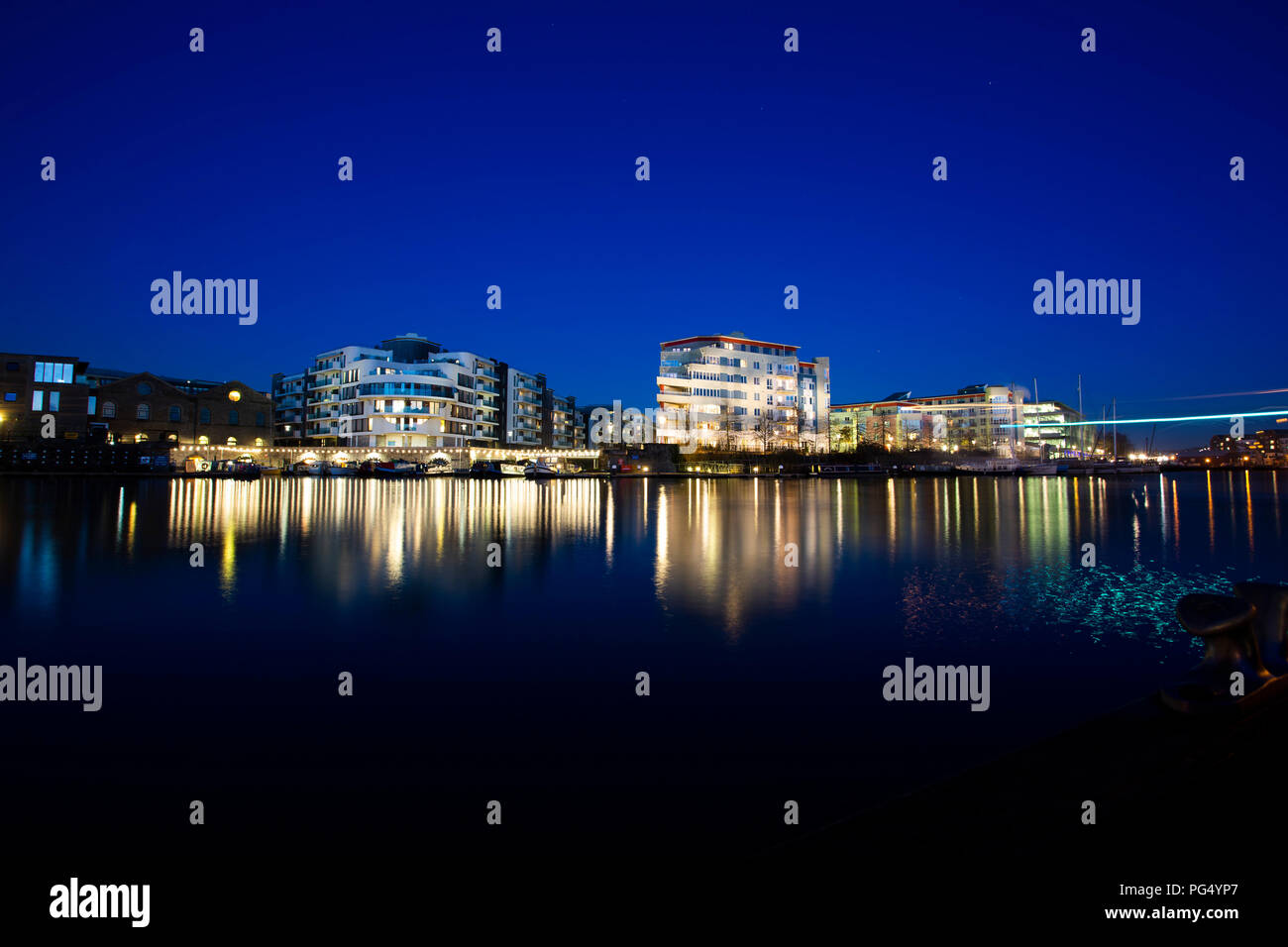 Homes and flats in the Bristol harbourside area in the late evening