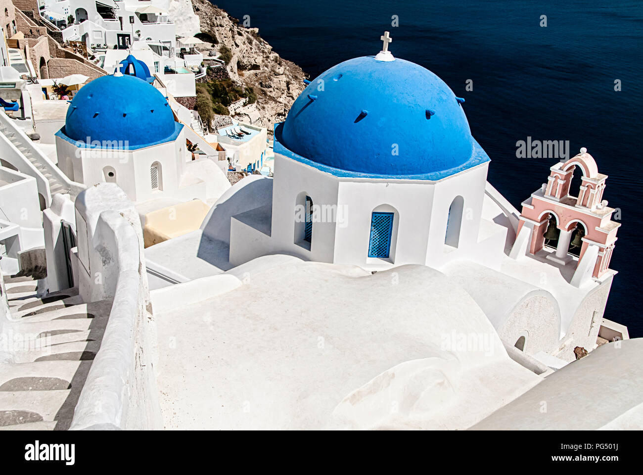 Santorini Oia Blue domed churches Agios Spyridonas & Anastaseos Stock Photo