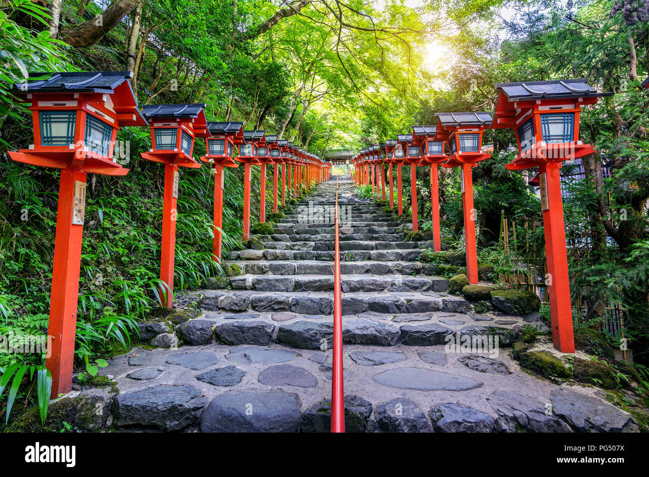 The red traditional light pole at Kifune shrine, Kyoto in Japan. Stock Photo