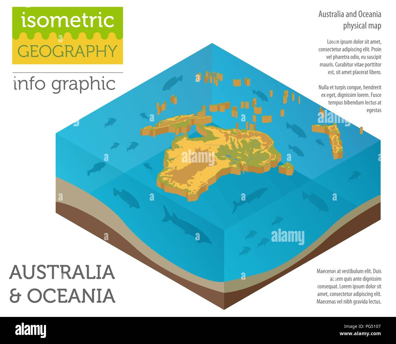 Isometric 3d Australia and Oceania physical map elements. Build your own geography info graphic collection. Vector illustration Stock Vector