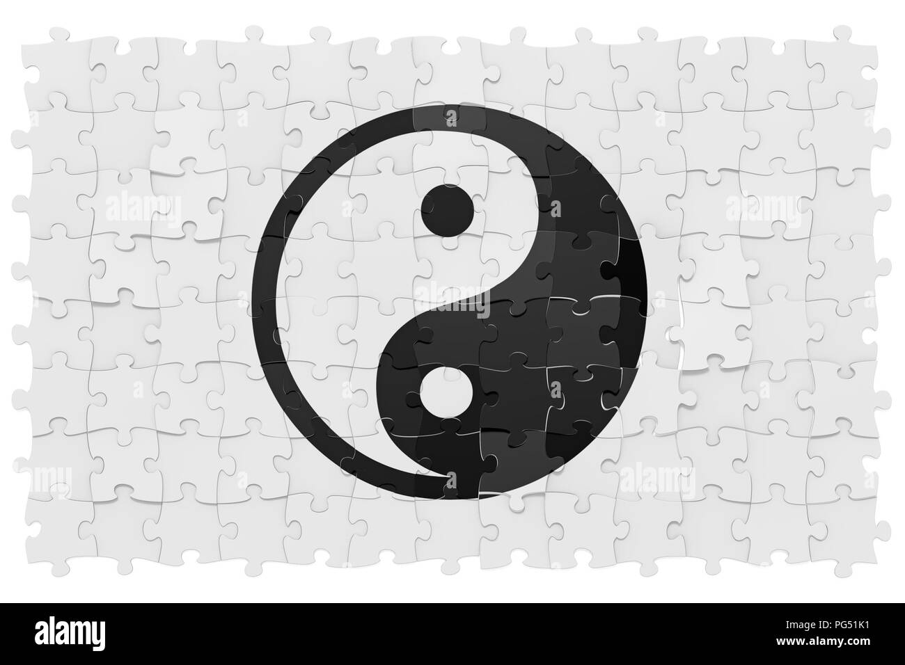 Jigsaw puzzles picture of Taijitu Yin-Yang symbol, inaccurate assembly, white background, 3D rendered image Stock Photo