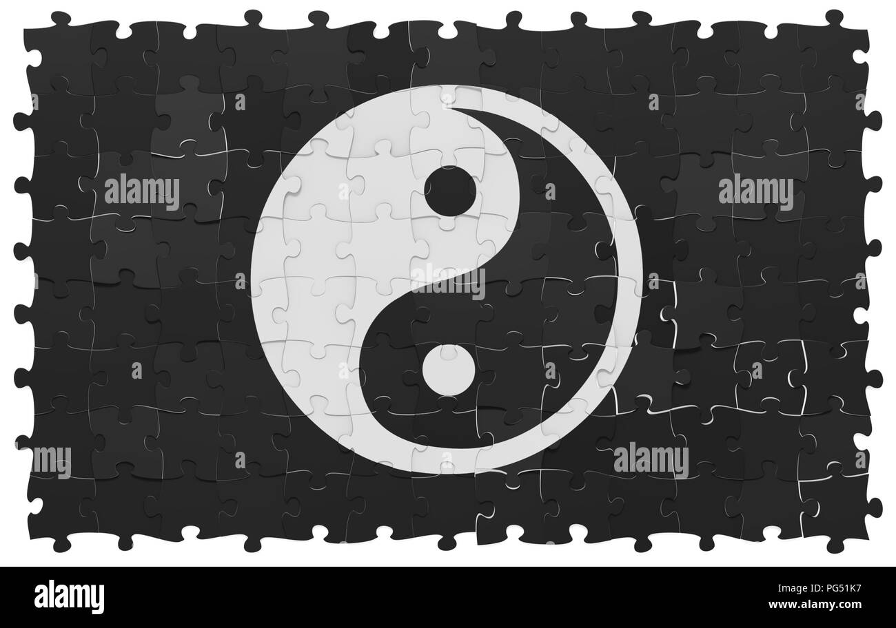 Jigsaw puzzles picture of Taijitu Yin-Yang symbol, inaccurate assembly, black background, 3D rendered image Stock Photo