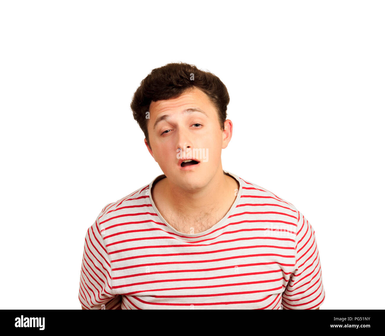 Slow down and tell again. sleepy guy feeling puzzled and having no clue  what is happening, awakening with hangover. emotional man isolated on white  ba Stock Photo - Alamy