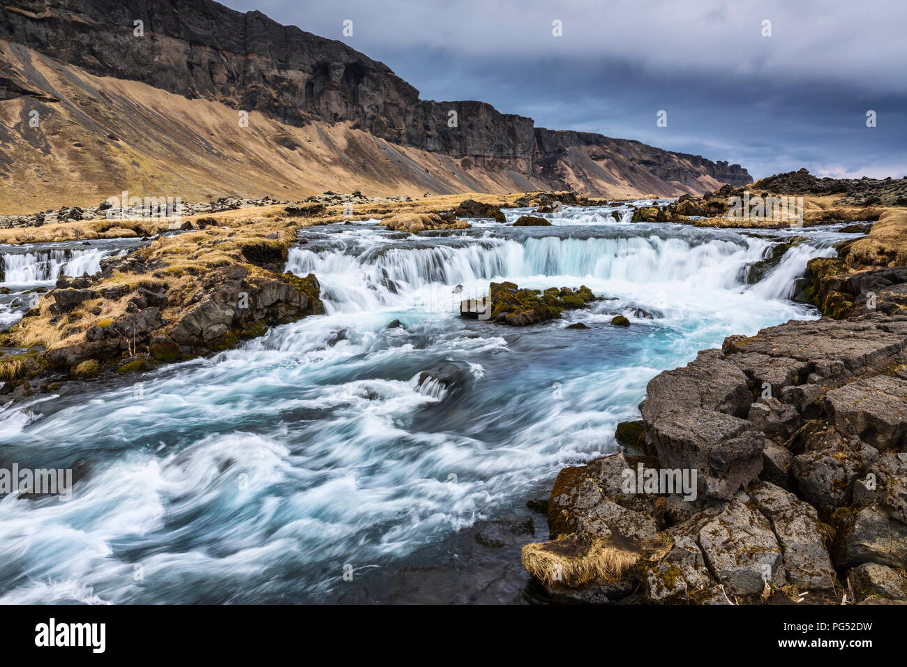 Waterfalls near the Pjodvegur road in the Southern Region of Iceland Stock Photo