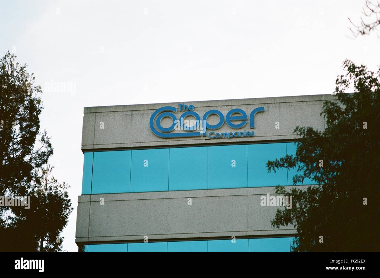 Logo on facade at headquarters of Cooper Companies in Pleasanton, California, March 26, 2018. () Stock Photo