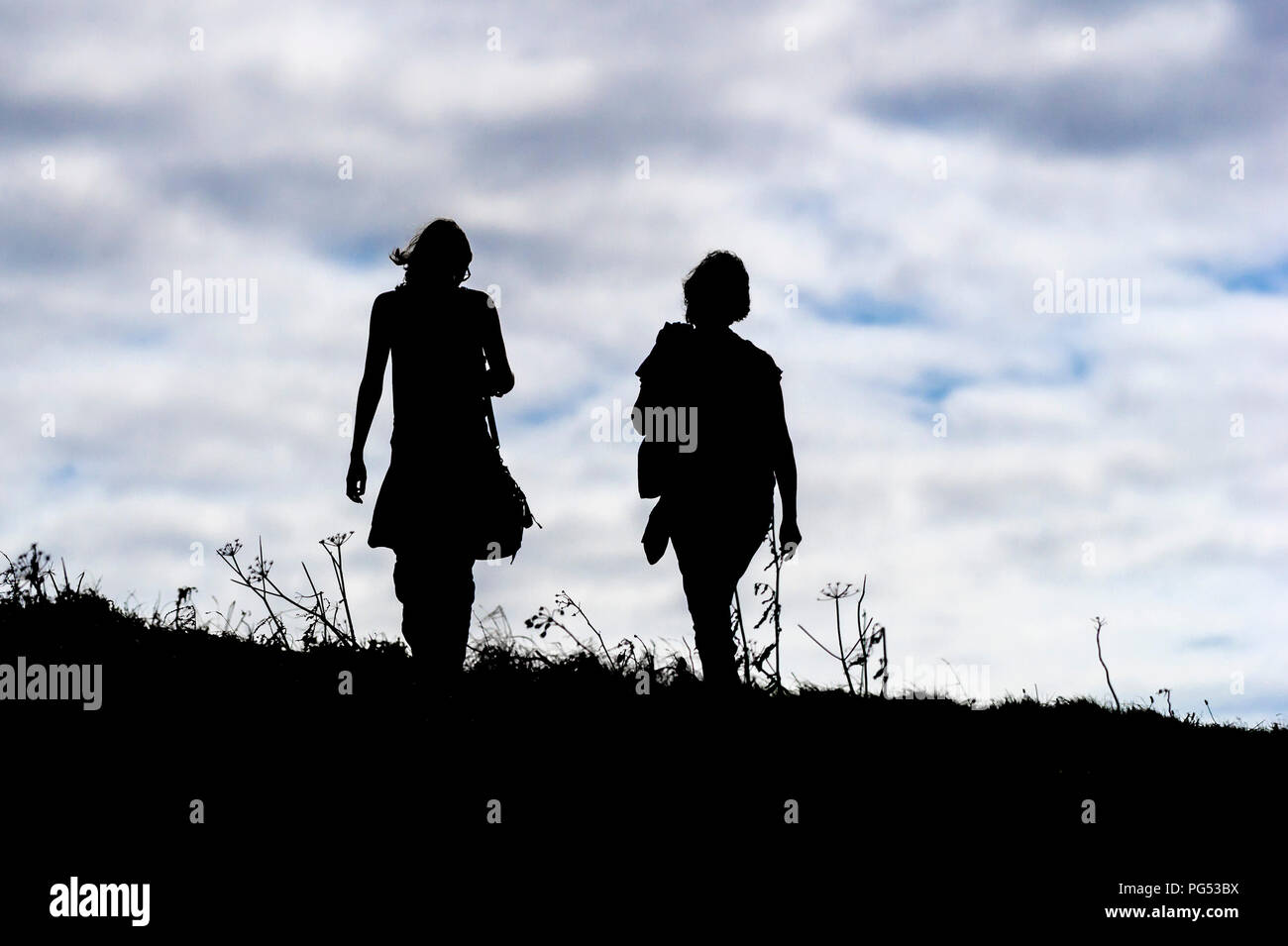 The sillhouette of two people walking together. Stock Photo