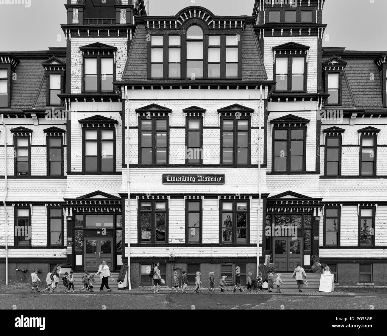 Children on first day of school at the Lunenburg Academy on Kaulbach Street in Lunenburg, Nova Scotia Stock Photo