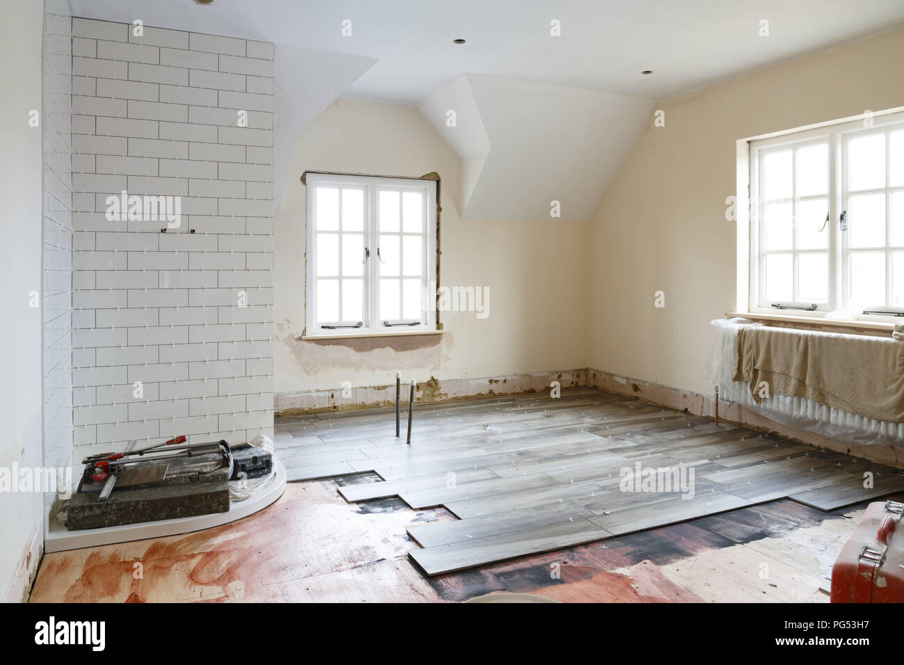 Bathroom ripout and tiling before a remodeling, refit and refurbishment Stock Photo