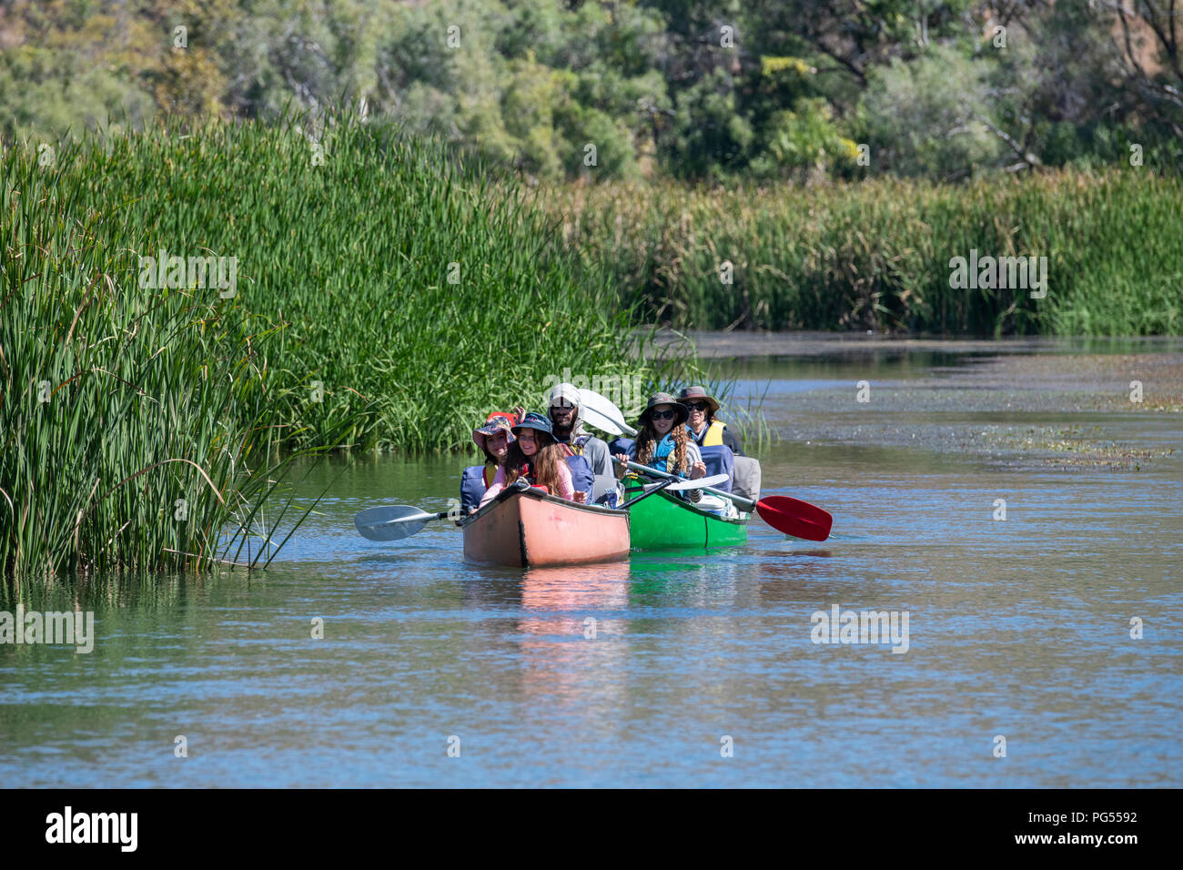 Australia, Western Australia, Kimberley Coast, between Wyndham and Kununurra, Ord River. Family with teenage children canoeing along the Ord river. Stock Photo