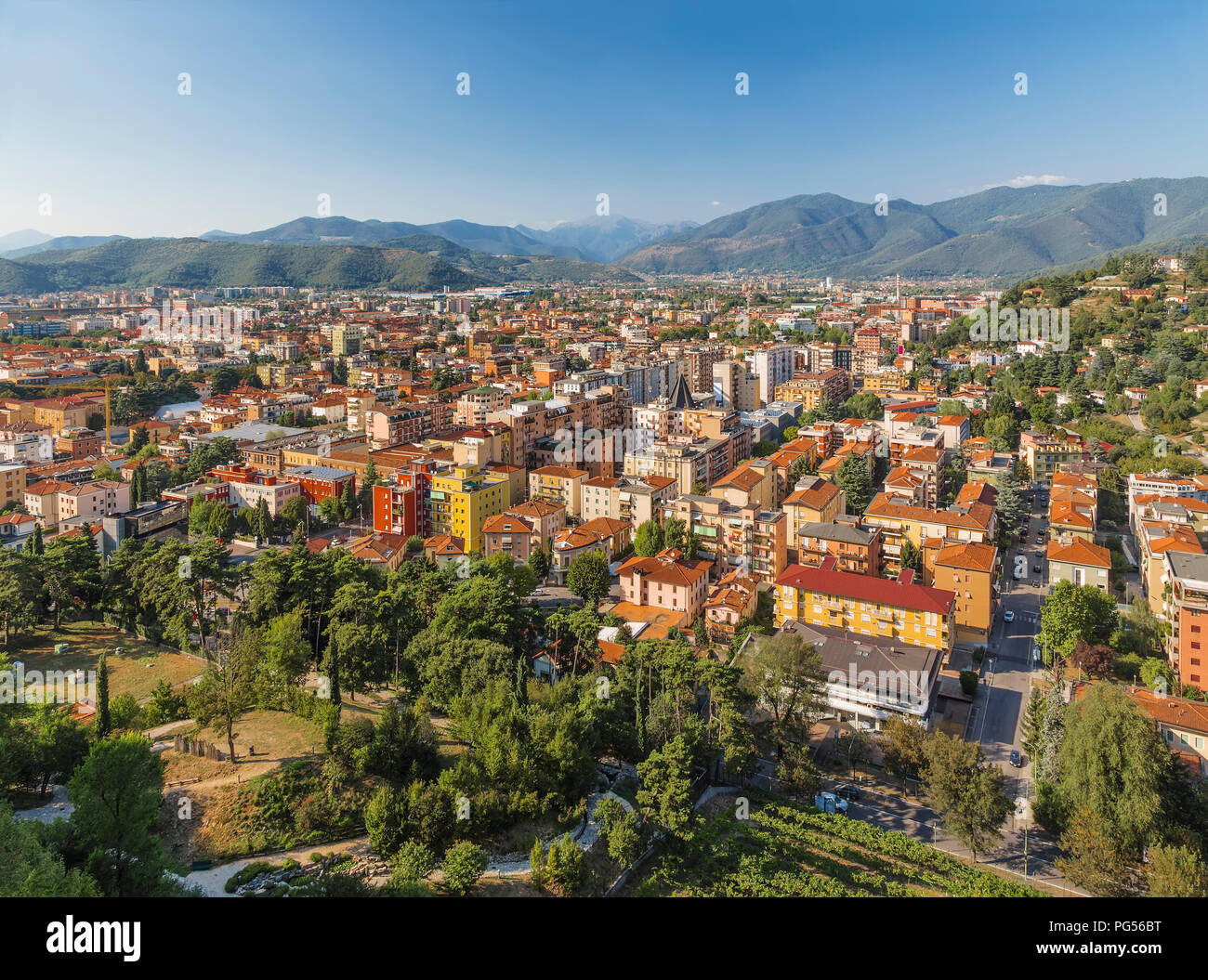 View of the modern neighborhoods of Brescia hill Cidneo. Italy Stock Photo