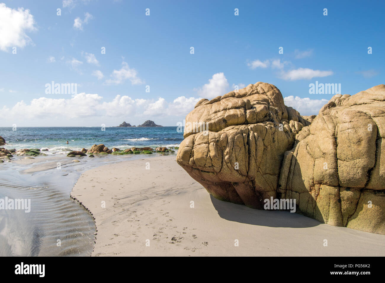 The Beach at Porth Nanven with the Brisons in the Distance, Cot Valley, St Just, Cornwall UK Stock Photo