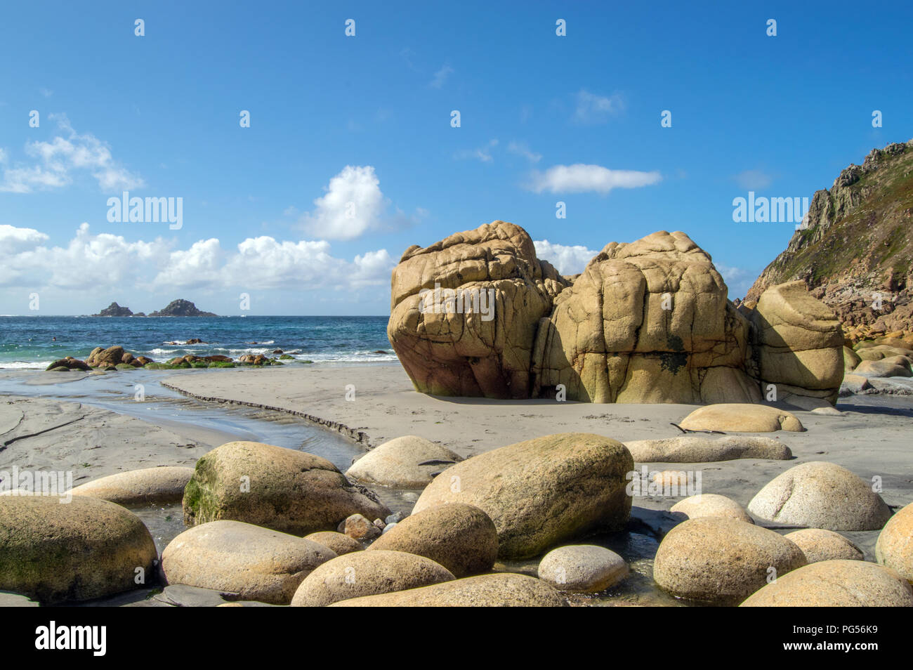 The Beach at Porth Nanven with the Brisons in the Distance, Cot Valley, St Just, Cornwall UK Stock Photo