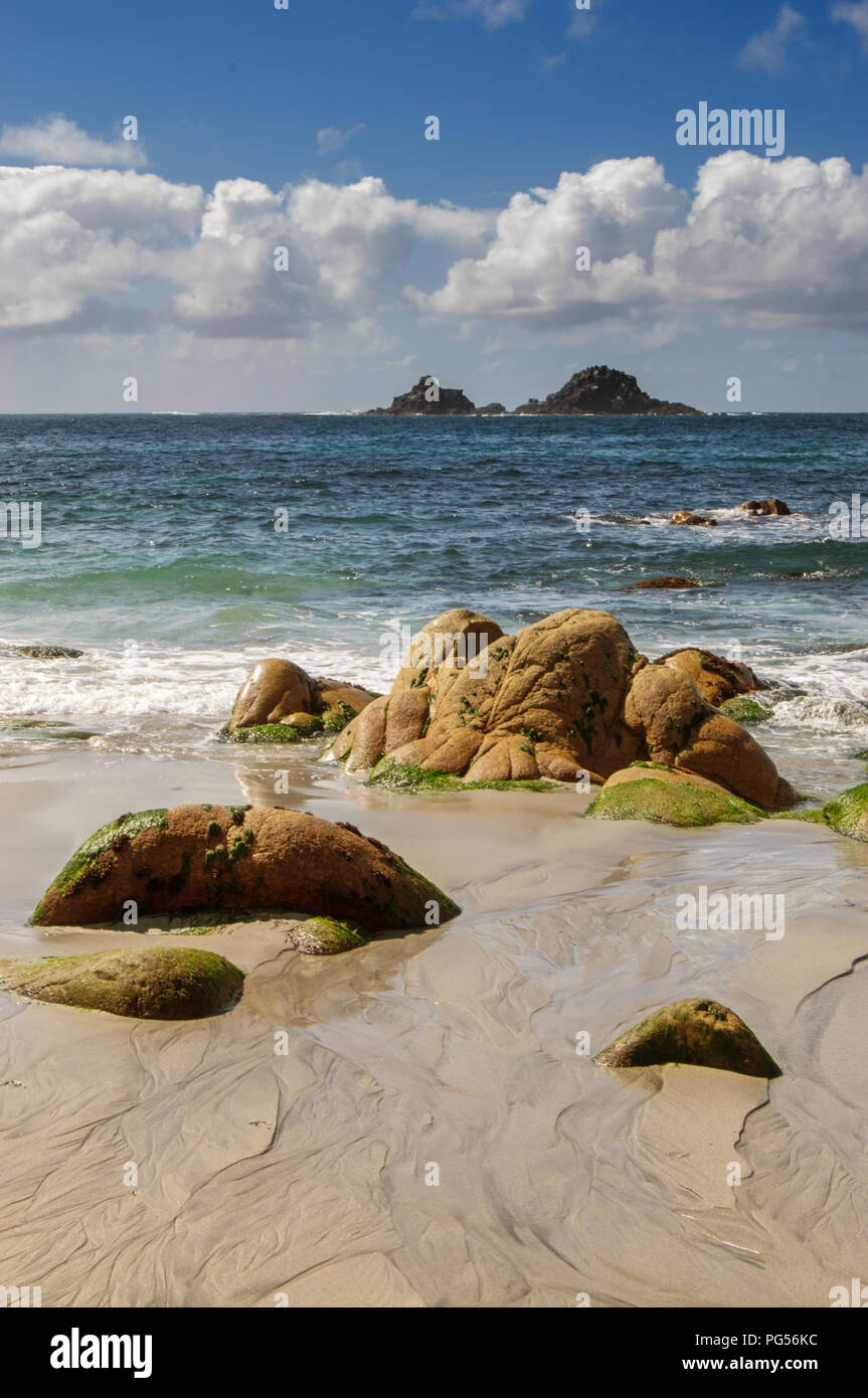 The Beach at Porth Nanven with the Brisons in the Distance, Cot Valley, St Just, Cornwall UK Stock Photo