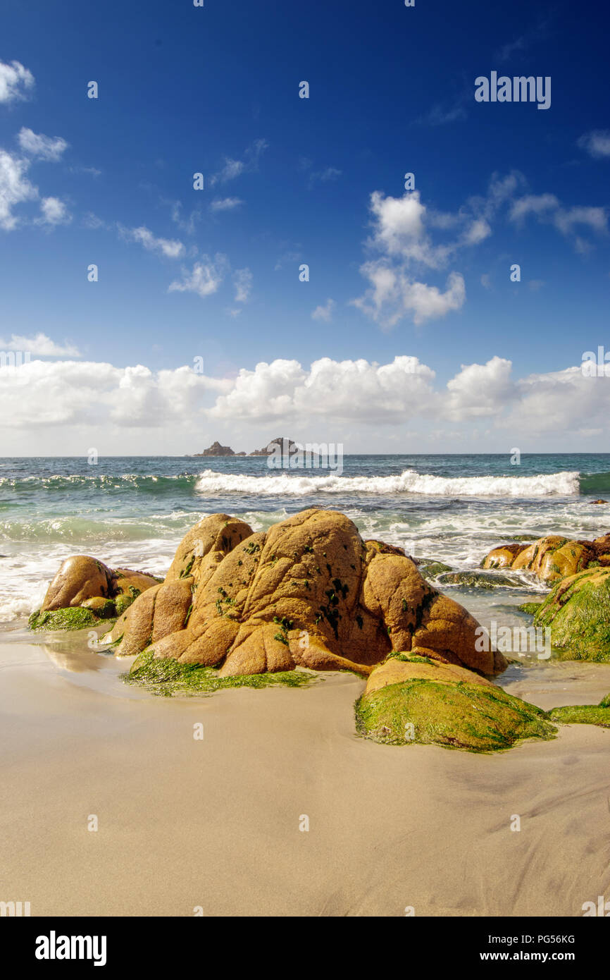 The Beach at Porth Nanven with the Brisons in the Distance, Cot Valley, St Just, Cornwall UK Stock Photo