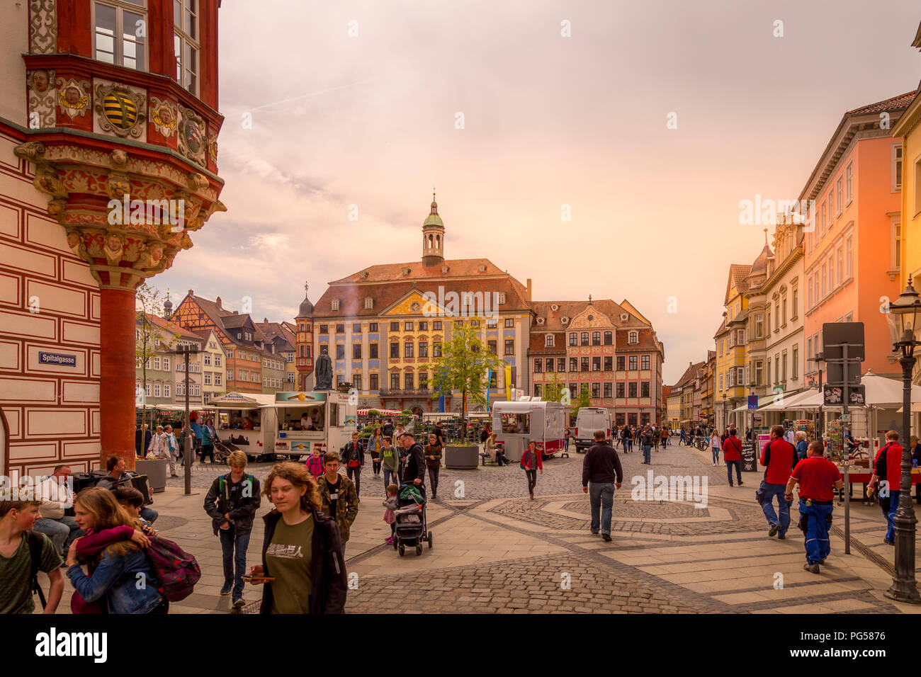 The market square of Coburg on May 2, 2018. Coburg is a german city in the state of Bavaria. In the center you see the town hall. Stock Photo