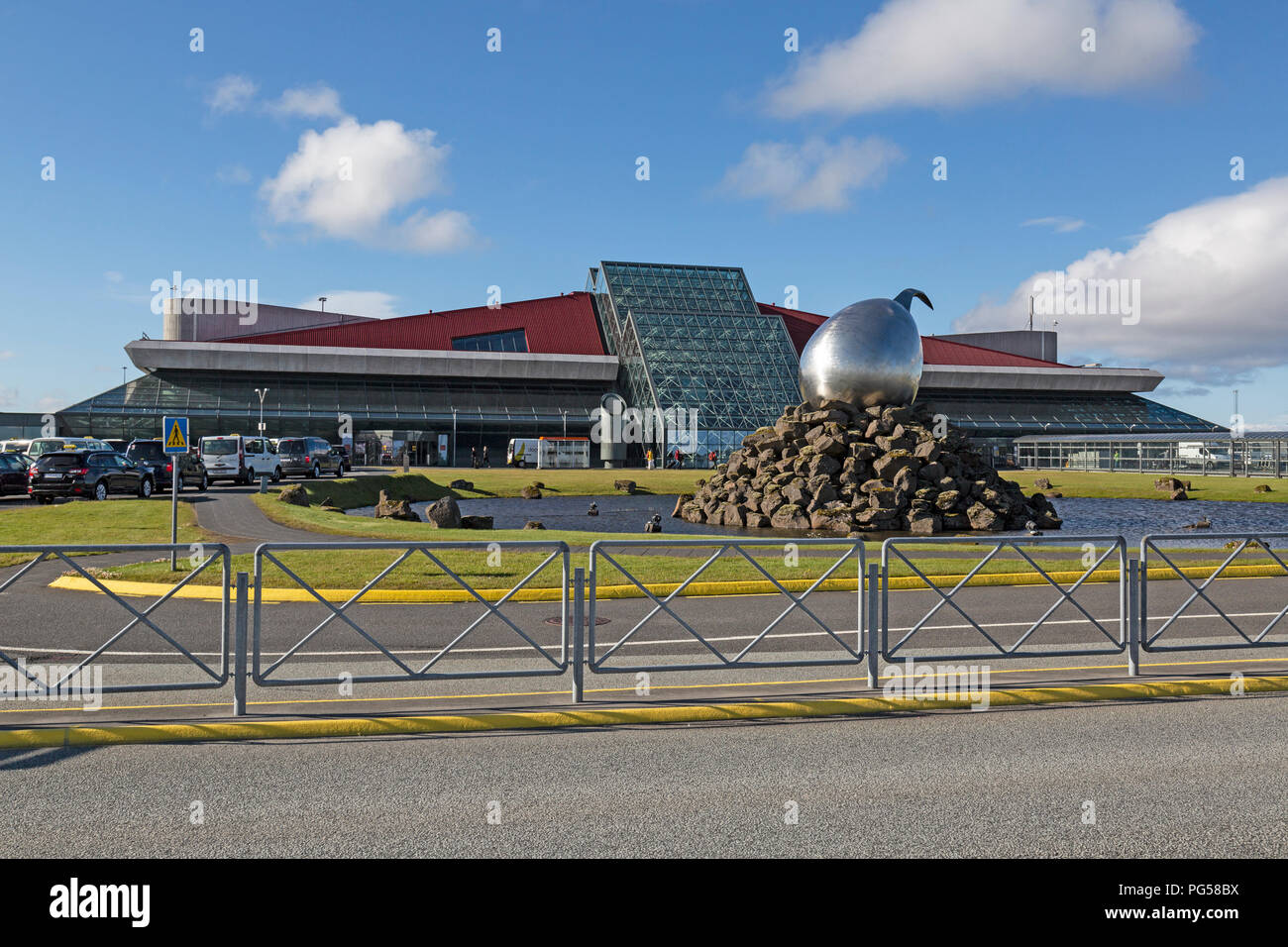 Keflavik International Airport near Reykjavik in Iceland. abstract sculpture called The Jet Nest by Magnus Tomasson in front. Stock Photo