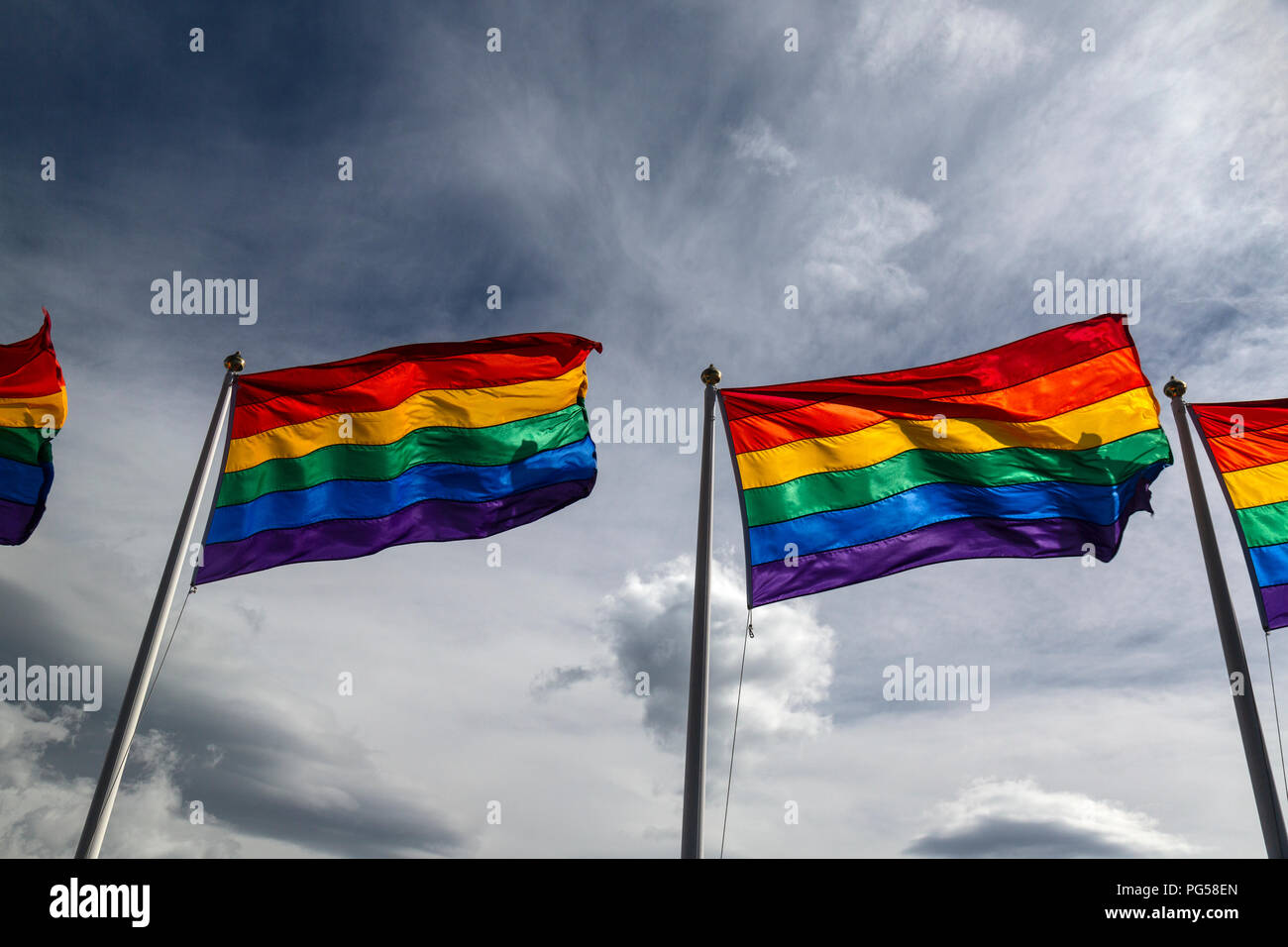 The rainbow Flag, a symbol of the gay rights movement, being flown in Reykjavik in Iceland. Stock Photo