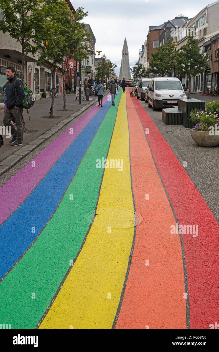 A street in Reykjavik in Iceland, painted in rainbow colours during the cities annual Gay Pride Festival. Stock Photo