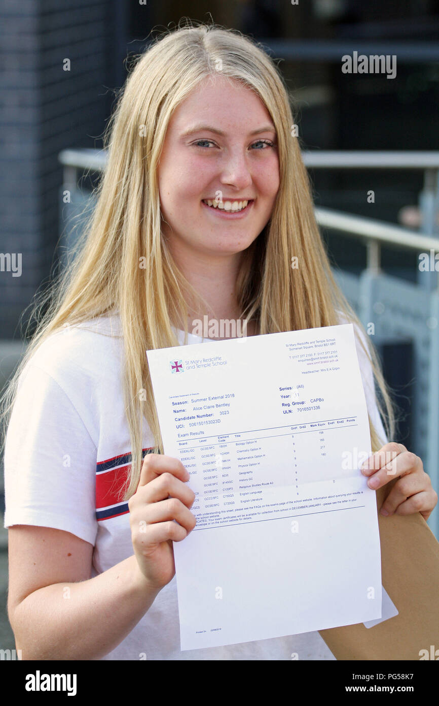 Alice Bentley collects her GCSE results at St Mary Redcliffe and Temple School in Bristol. The teenager combined her GCSE studies with a trip to a school in Uganda and taking her ukulele with her. Stock Photo