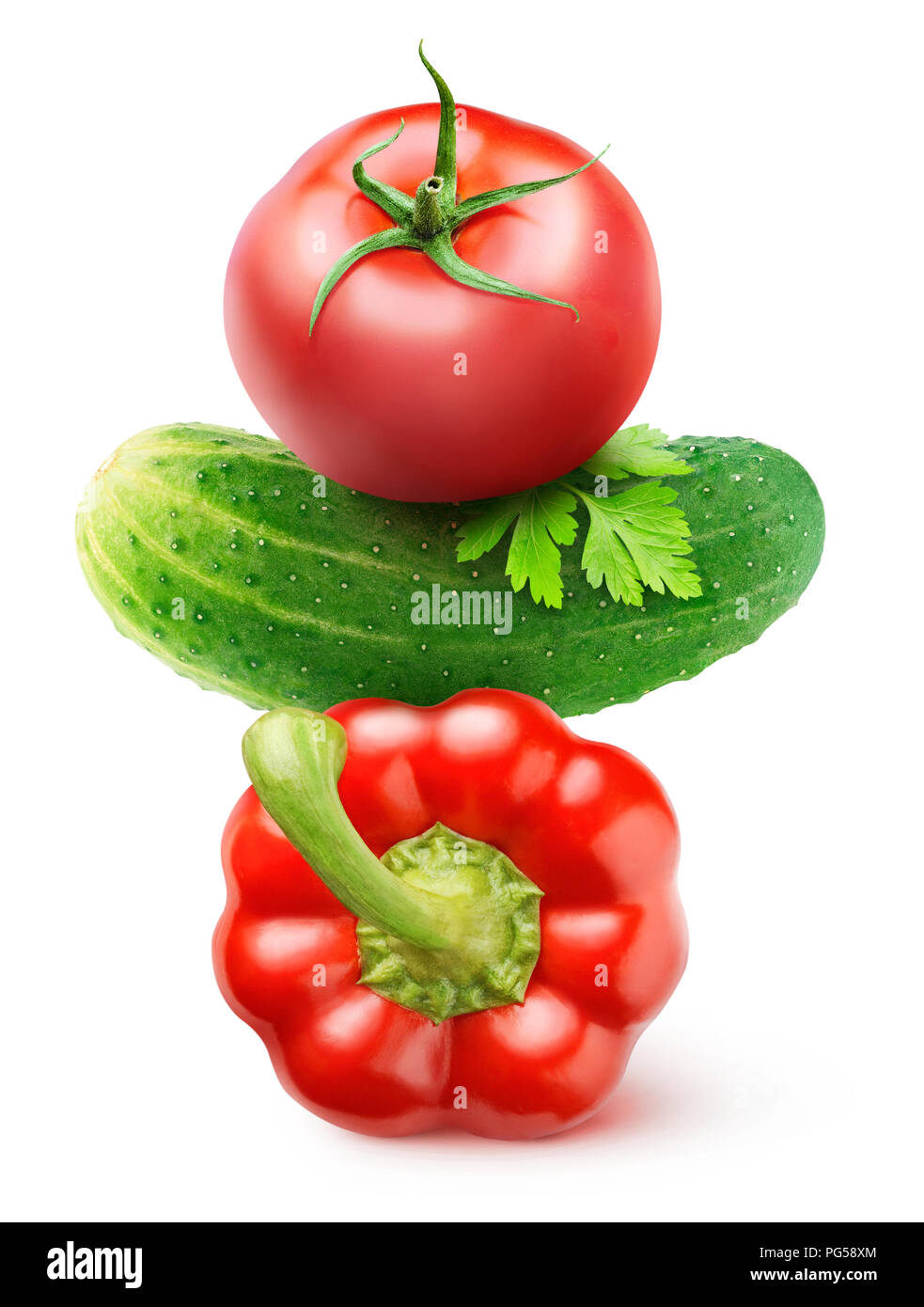 Isolated fresh vegetables. Red bell pepper, cucumber and tomato (salad