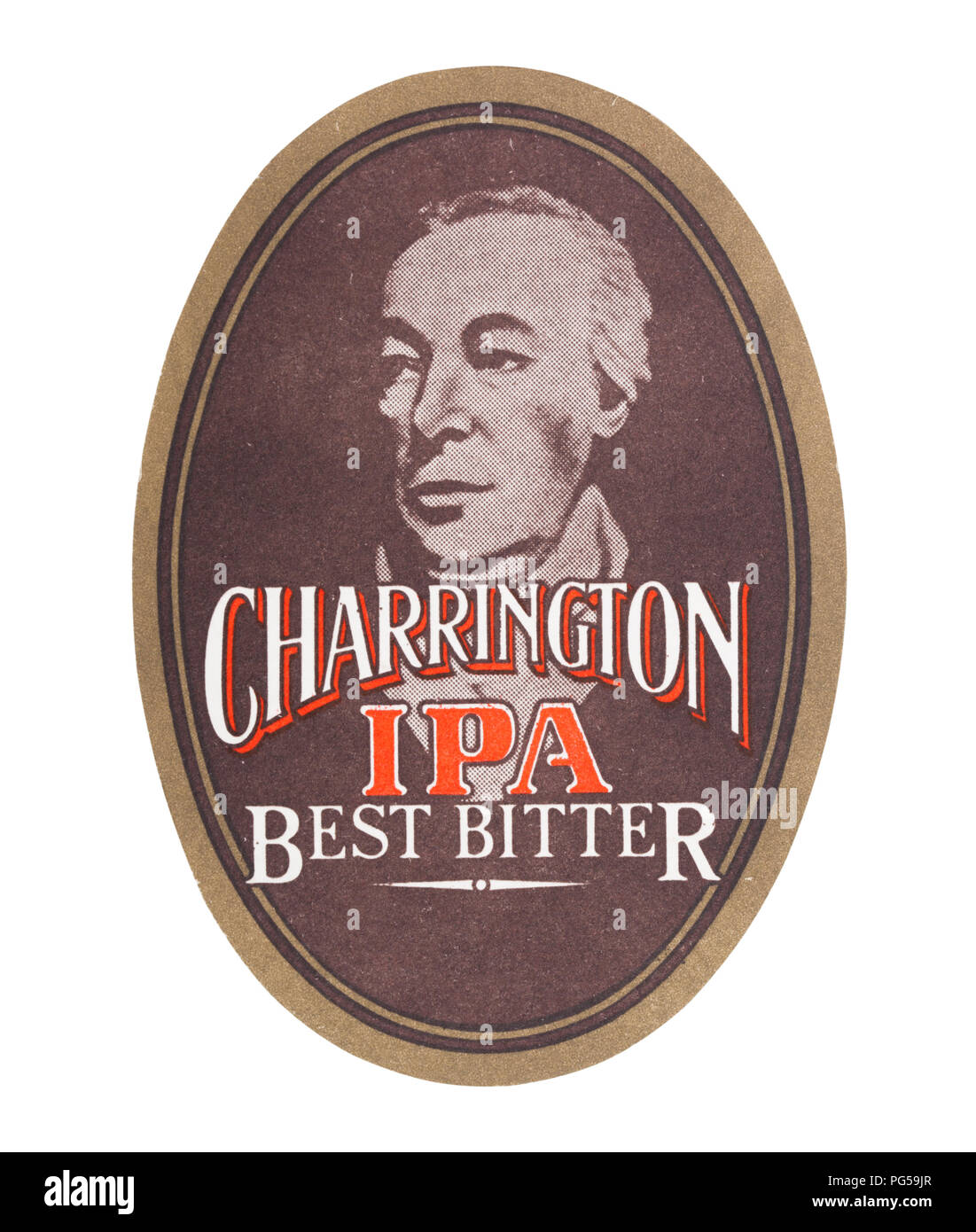 LONDON, UK - AUGUST 22, 2018: Charrington IPA Best Bitter paper beer beermat coaster isolated on white background. Stock Photo