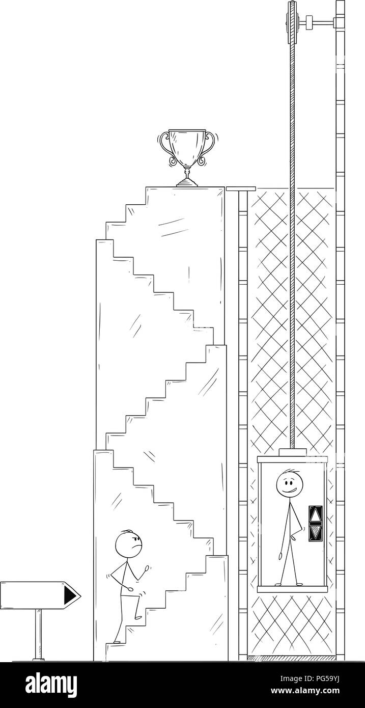 Cartoon of Man or Businessman Walking Up the Stairs for Winner's Trophy, While Competitor is Using Elevator or Lift Stock Vector