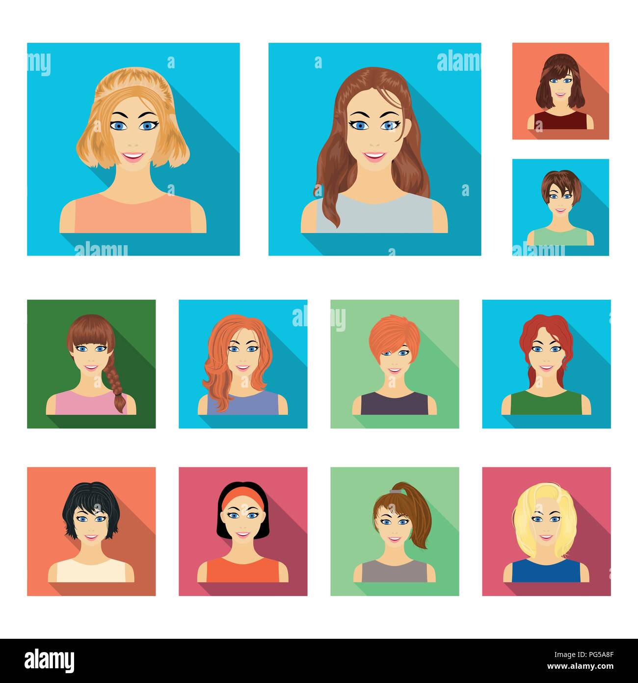 Types Of Female Hairstyles Flat Icons In Set Collection For Design