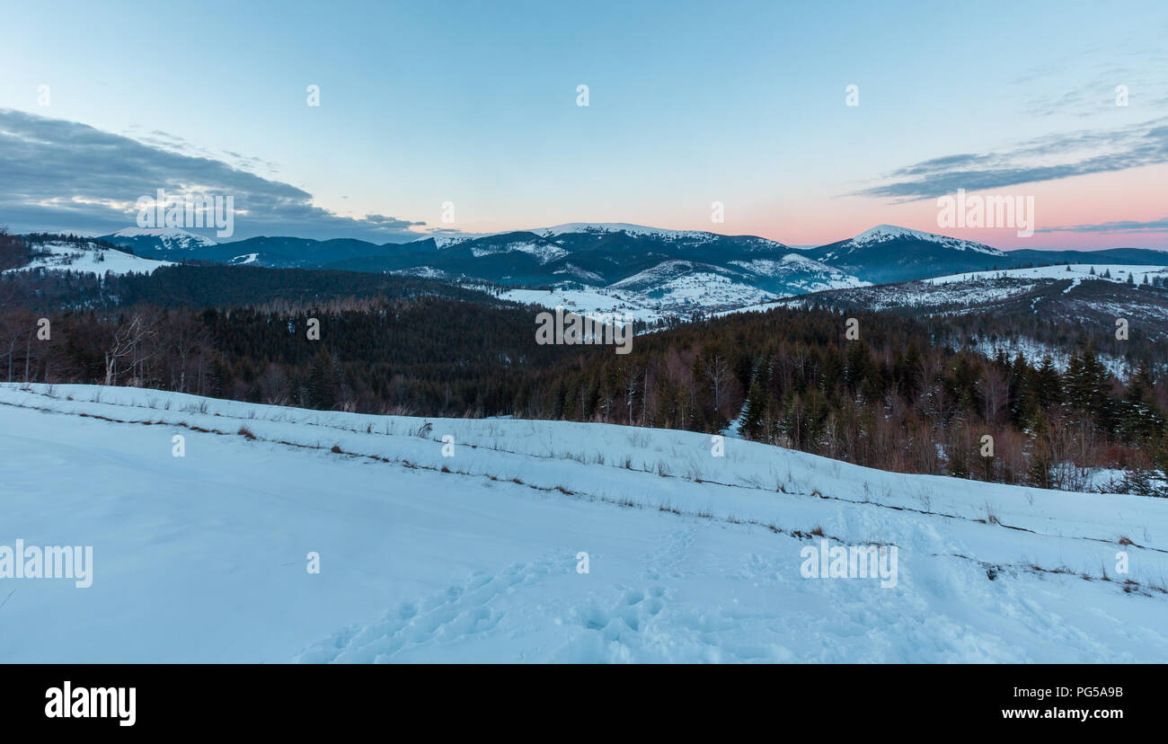 Evening winter cloudy day snow covered alp Gorgany mountain ridge (Ukraine, Carpathian Mountains, Homiak, Syniak and other mounts, scenery view from Y Stock Photo