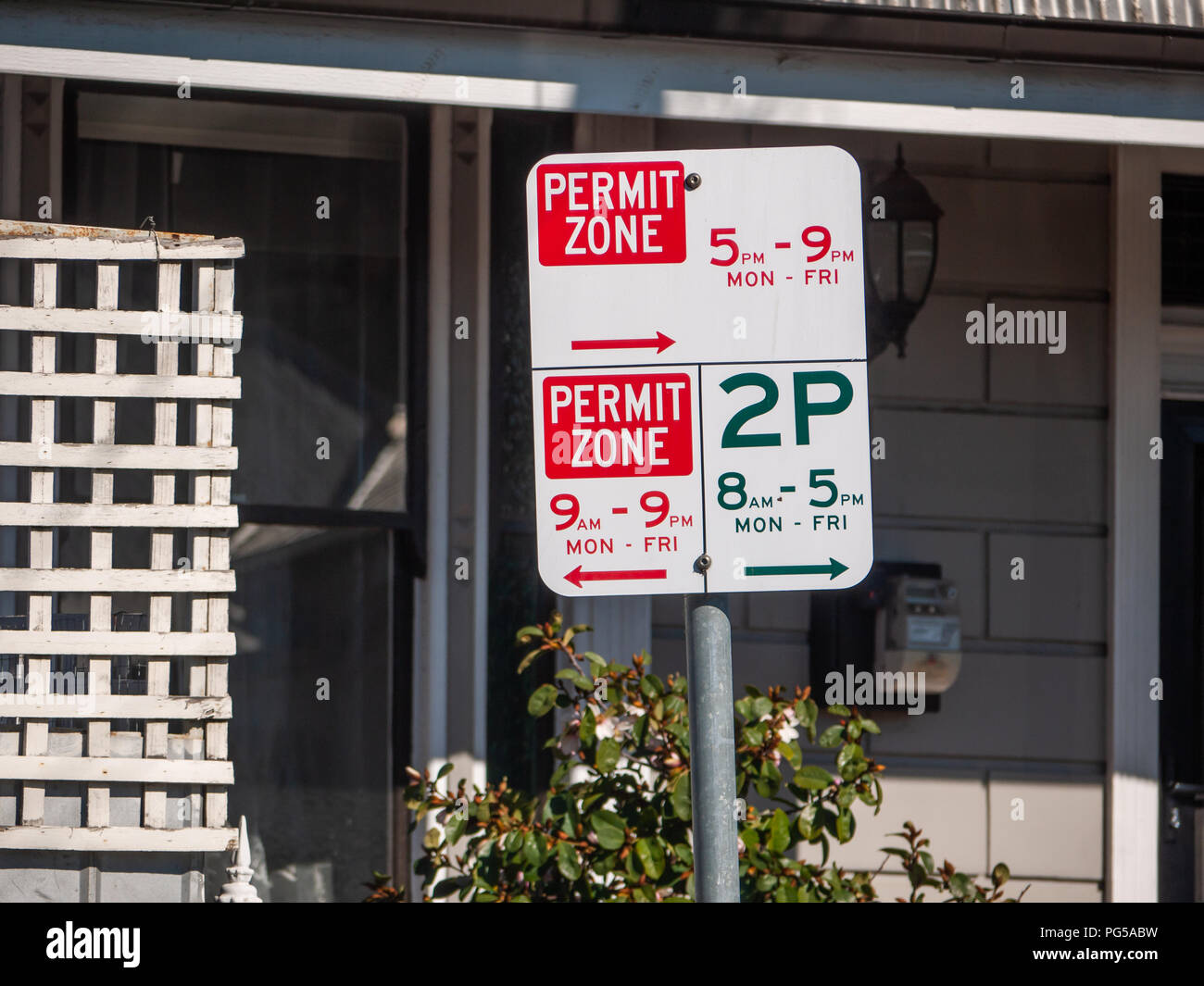 Parking sign in Melbourne's suburban neighbourhood street. Local residents need to display a permit from council to park in a particular permit zone. Stock Photo