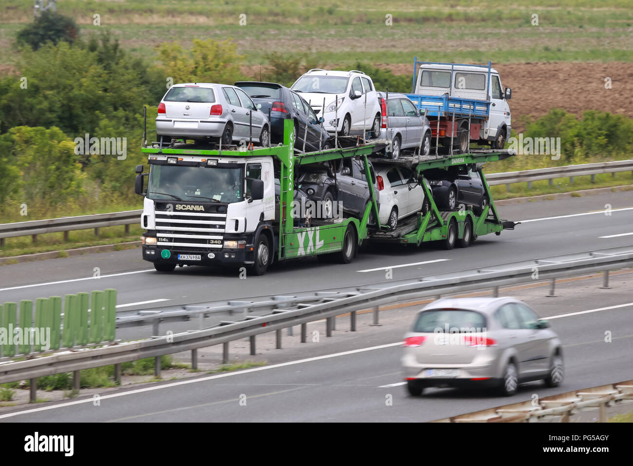 Zagreb, Croatia August 11th, 2018 Car transport truck filled up