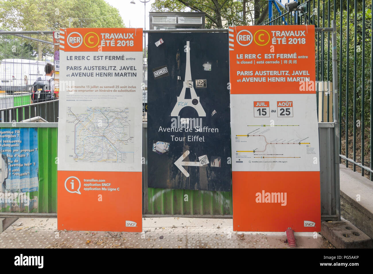 Paris summer works 2018 - sign explaining RER C line works - Paris, France Stock Photo