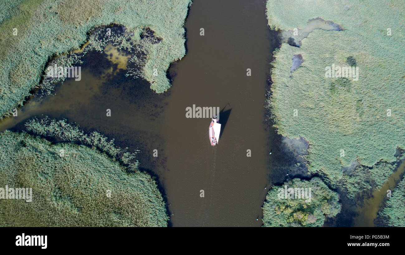 Drone picture dated August 22nd shows sail boats Hickling Broad on the Norfolk Broads near Acle with calm sunny weather making for perfect sailing conditions.Cooler weather is forecast for later in the week. Stock Photo