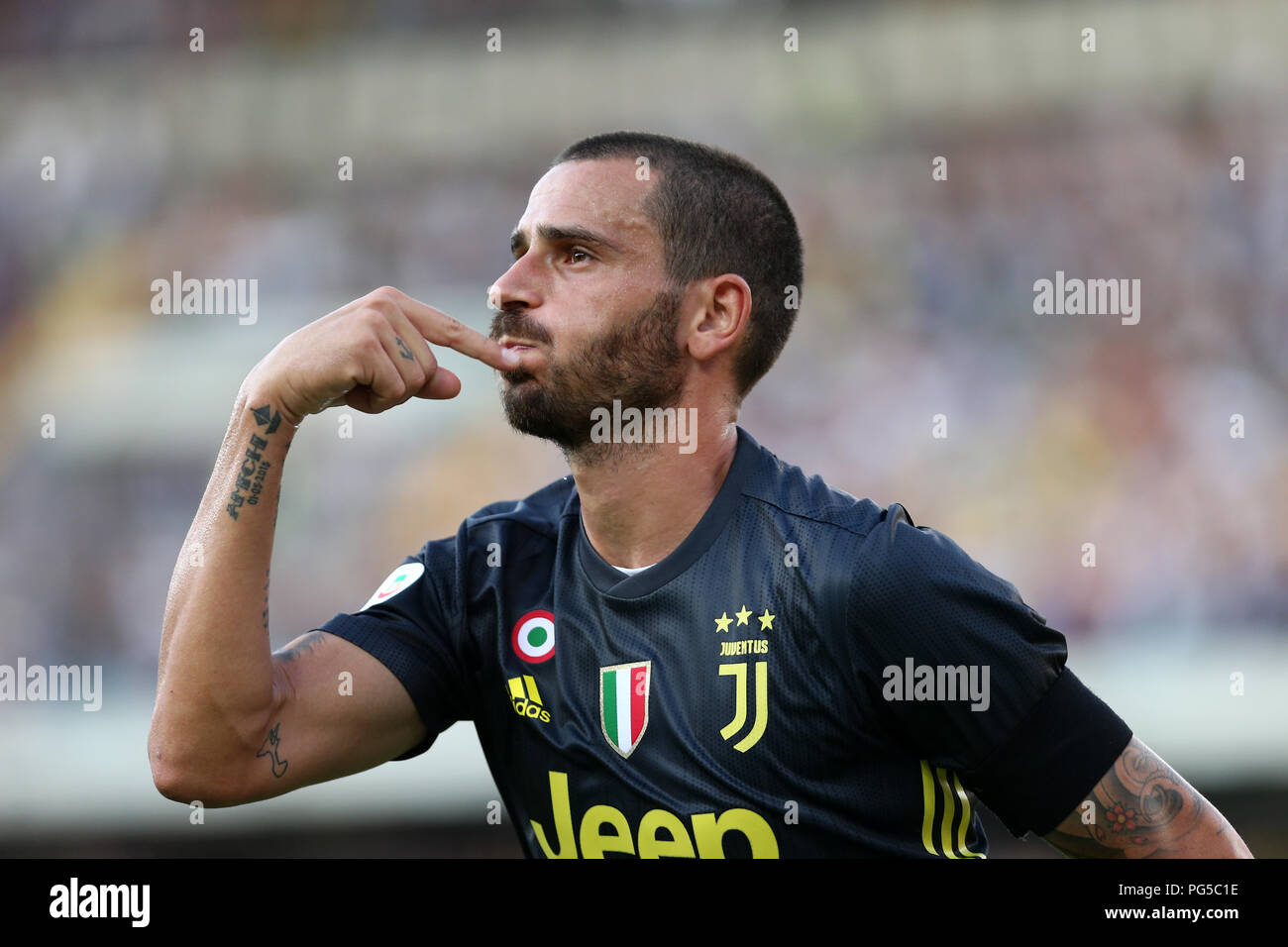 Leonardo Bonucci of Juventus FC celebrate after scoring a goal during the Serie A football match between Ac Chievo Verona and Juventus Fc. Stock Photo
