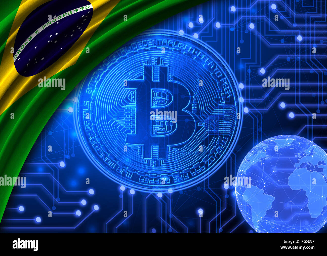 Flag of Brazil is shown against the background of crypto currency bitcoin.  Global world crypto currency-bitcoin. Shows the current exchange rate, fluc  Stock Photo - Alamy