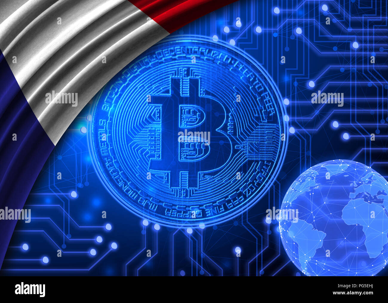 Flag of France is shown against the background of crypto currency bitcoin.  Global world crypto currency-bitcoin. Shows the current exchange rate, fluc  Stock Photo - Alamy