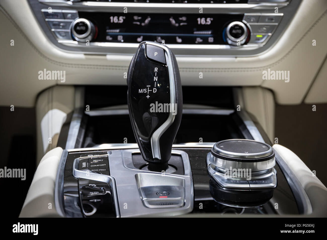 GENEVA, SWITZERLAND - MARCH 6, 2018: Close up of the gear stick inside a BMW 7-series car showcased at the 88th Geneva International Motor Show. Stock Photo