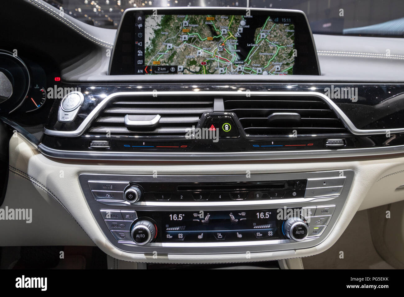 GENEVA, SWITZERLAND - MARCH 6, 2018: Dashboard console view of a BMW 7-series car showcased at the 88th Geneva International Motor Show. Stock Photo