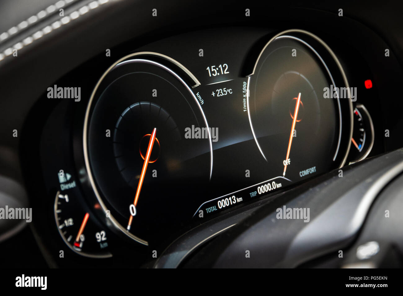 GENEVA, SWITZERLAND - MARCH 6, 2018: Digital dashboard of a BMW 7-series car showcased at the 88th Geneva International Motor Show. Stock Photo