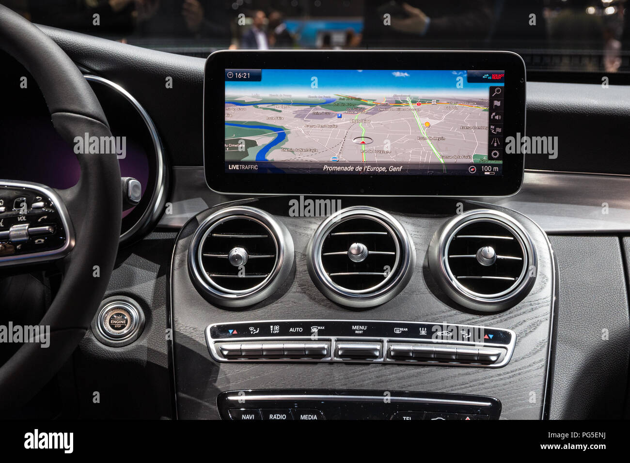 GENEVA, SWITZERLAND - MARCH 6, 2018: Dashboard console view of a Mercedes AMG C43 car showcased at the 88th Geneva International Motor Show. Stock Photo