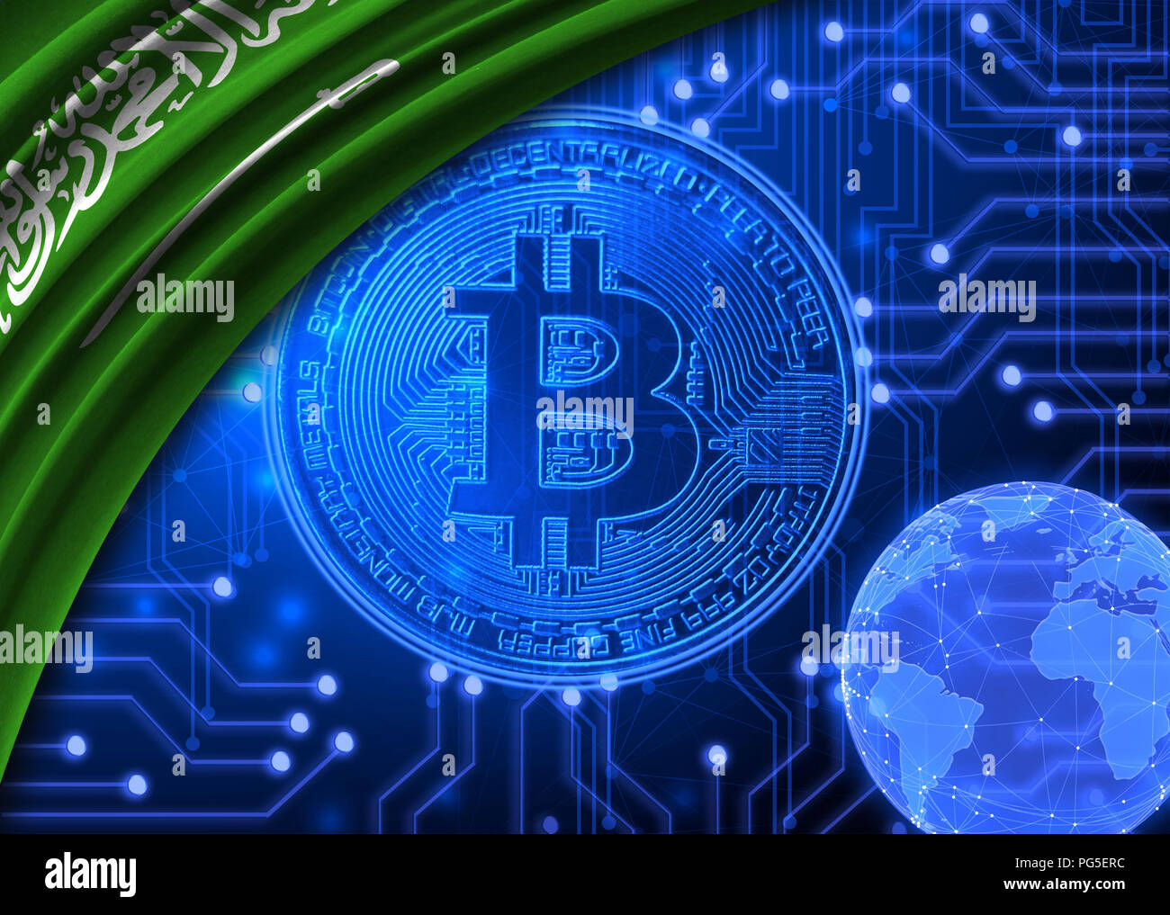 Flag of Saudi Arabia is shown against the background of crypto currency  bitcoin. Global world crypto currency-bitcoin. Shows the current exchange  rate Stock Photo - Alamy